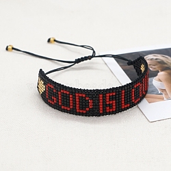 Word GOD IS LOVE Loom Pattern MIYUKI Seed Beads Bracelets for Women, Adjustable Nylon Cord Braided Bead Bracelets, Red, 11 inch(28cm)(BJEW-C011-37B)