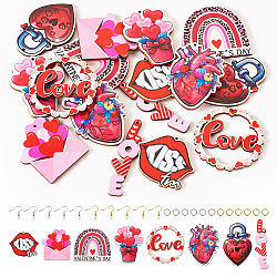 DIY Valentine's Day Earring Making Kit, Including Wood Big Pendants, Brass Earring Hooks & Jump Rings, Lock & Word & Rainbow & Lip & Heart, Hot Pink, 56Pcs/box(DIY-TA0006-51)