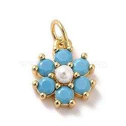 Rack Plating Brass Micro Pave Cubic Zirconia Charms, with Pearl, Cadmium Free & Lead Free, Real 18K Gold Plated, Flower, Deep Sky Blue, 12.5x10.5x4mm, Hole: 3.6mm(KK-A160-22H-G)