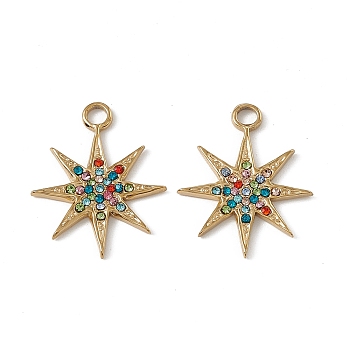 Vacuum Plating 201 Stainless Steel Pendants, Colorful Rhinestone Star Charms, Real 18K Gold Plated, 22x17.5x1.5mm, Hole: 2.4mm