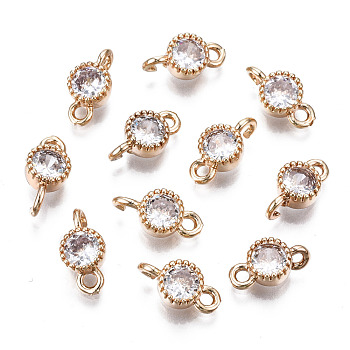 Brass Micro Pave Clear Cubic Zirconia Links Connectors, Long-Lasting Plated, Cadmium Free & Lead Free, Flat Round, Light Gold, 12x6x3.5mm, Hole: 1.6~2mm