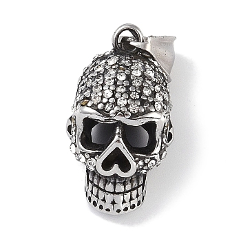 316 Surgical Stainless Steel Pendants, with Rhinestone, Skull Charm, Antique Silver, Crystal, 27x15x16mm, Hole: 8.5x3.5mm