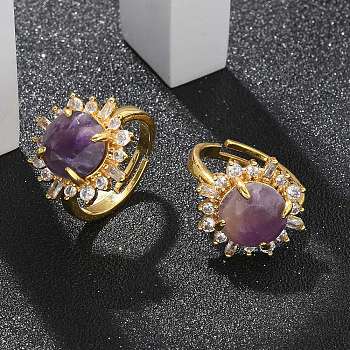 Sunflower Natural Amethyst Finger Rings, Golden Tone Brass Rhinestone Cuff Rings, Rack Plating, Long-Lasting Plated, Lead Free & Cadmium Free, Sunflower: 19x19mm, Inner Diameter: 17mm