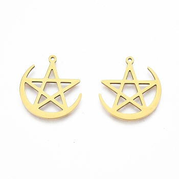 Ion Plating(IP) 201 Stainless Steel Pendants, Moon with Star, Real 18K Gold Plated, 26.5x25x1.5mm, Hole: 1.4mm