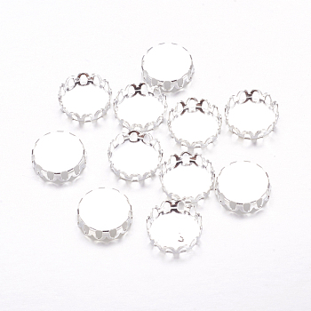 Brass Lace Edge Bezel Cups, Cabochon Settings, Cadmium Free & Nickel Free & Lead Free, Flat Round, Silver Color Plated, Tray: 10mm