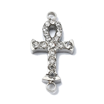 304 Stainless Steel Crystal Rhinestone Connector Charms, Ankh Cross Links, Stainless Steel Color, 20x10x2mm, Hole: 1.6mm