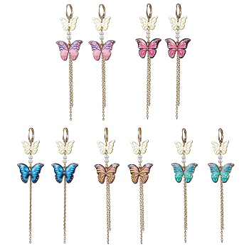 Alloy Butterfly Dangle Leverback Earrings, 304 Stainless Steel Chains Tassel Earrings, Mixed Color, 90x22mm