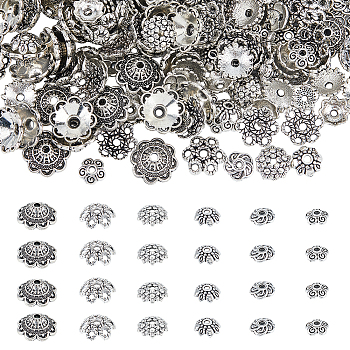 240pcs 6 styles Tibetan Style Zinc Alloy Flower Bead Caps, Antique Silver, 8~14x3~6mm, Hole: 2mm, 40pcs/style