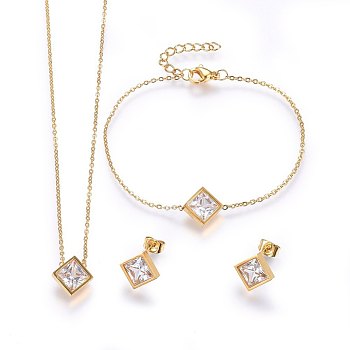 304 Stainless Steel Jewelry Sets, Pendant Necklaces & Stud Earrings & Bracelets, with Cubic Zirconia, Rhombus, Golden, 16.93 inch(43cm), 7-1/8 inch(18cm), 12x12x4mm, Pin: 0.8mm