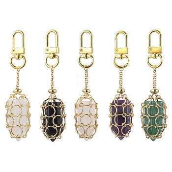 304 Stainless Steel Chain Pouch Natural Gemstone Pendant Decorations, with Alloy Swivel Clasps, Golden, 94mm
