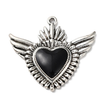 Alloy Pendants, with Black Enamel, Antique Silver, Heart with Wing Charm, 36x39x4mm