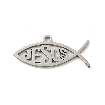 304 Stainless Steel Pendants, Laser Cut, Jesus Fish Charm, Stainless Steel Color, 13x29x1.5mm, Hole: 2mm