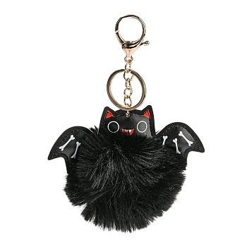 Halloween Alloy Keychain, with PU Imitation Leather and Plush Pompom, Bat, Black, 15.35cm