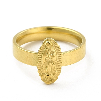 Vacuum Plating 304 Stainless Steel Oval with Virgin Mary Finger Ring for Women, Golden, US Size 7 1/4(17.5mm)