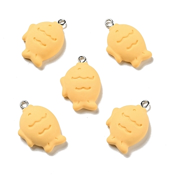 Opaque Resin Pendants, Fish Charm, Imitation Food, with Platinum Tone Iron Loops, Gold, 27x19x8mm, Hole: 2x2.8mm
