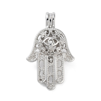 Alloy Bead Cage Pendants, Hollow Cage Charms for Chime Ball Pendant Making, Platinum, Hamsa Hand, 32x20x10mm, Hole: 5x3mm