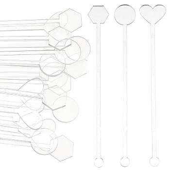 30Pcs 3 Style Transparent Acrylic Stirring Rods, Heart & Round & Hexagon, Clear, 150x19.5~25x3mm, 10pcs/style