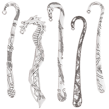 10Pcs 5 Styles Tibetan Style Alloy Bookmark Findings with Holes, Hair Stick, Flower & Sun & Baseball & Dragon & Horse, Antique Silver, 114~124x21~32x2~3mm, Hole: 1.8~3.5mm, 2pcs/style