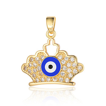 3Pcs Brass Micro Pave Cubic Zirconia Pendants, Crown with Evil Eye Charms, Real 18K Gold Plated, 22x19x4.4mm