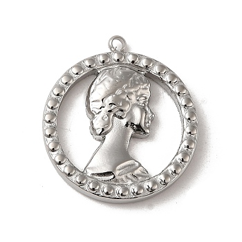 Non-Tarnish 304 Stainless Steel Pendants, Ring with Woman Pattern Charm, Stainless Steel Color, 22.5x20x3mm, Hole: 1.5mm