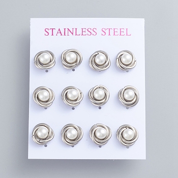 304 Stainless Steel Stud Earrings, Love Knot Earrings, with Plastic Imitation Pearl Beads and Ear Nuts, Stainless Steel Color, 11mm, Pin: 0.7mm, 6pairs/card
