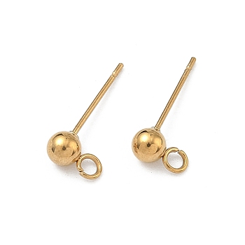 304 Stainless Steel Stud Earring Findings, Ion Plating(IP), Rack Plating, Round, with Loop, Real 18K Gold Plated, 16x7x4mm, Hole: 1.8mm, Pin: 0.7mm
