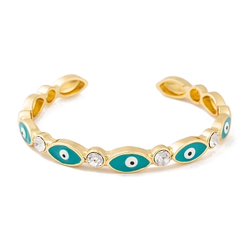 Horse Eye Brass Pave Clear Cubic Zirconia Evil Eye Open Cuff Bangles with Enamel for Women, Real 18K Gold Platend, Dark Turquoise, Inner Diameter: 2-1/8~2-3/8 inch(5.5~6cm), 7mm