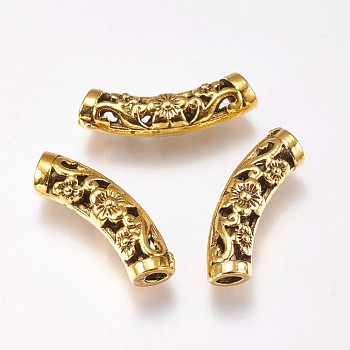 Alloy Tube Beads, with Flower Pattern, Antique Golden, 6.5x20.5x5mm, Hole: 2.5mm
