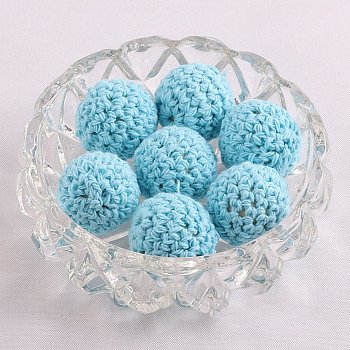 Handmade Woolen Macrame Wooden Pom Pom Ball Beads, for Baby Teether Jewelry Beads DIY Necklace Bracelet, Cyan, 16mm
