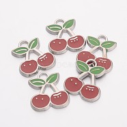 Alloy Enamel Pendants, Cherry, Lead Free and Cadmium Free, Red and LinmeGreen, Platinum, about 18mm long, 16.5mm wide, 2mm thick, hole: 3mm(EA811Y)