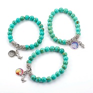 Synthetic Turquoise(Dyed) Beads Stretch Charm Bracelets, with Tibetan Style Alloy Pendant, Resin and Brass Finding, Mermaid Shaped, 2-1/4 inch(5.8cm)(BJEW-JB04024-M)