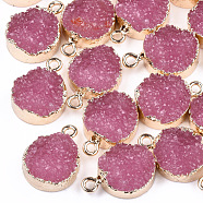 Electroplate Druzy Resin Pendants, with Iron Findings, Flat Round, Light Gold, Pale Violet Red, 17~18x13.5x6mm, Hole: 1mm(X-RESI-S366-02E)