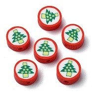 Christmas Theme Handmade Polymer Clay Beads, Flat Round with Christmas Tree, Sea Green, 9x4mm, Hole: 1.8mm(CLAY-M005-09)