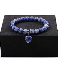 Natural Blue Spot Jasper Beaded Stretch Bracelets, with Heart Charms, 7-1/4~7-1/2 inch(18.5~19cm)(PW-WG34938-08)