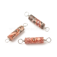 Natural Leopard Skin Jasper Connector Charms, with Platinum Tone Eco-Friendly Brass Wire Double Loops, Column, 23~24x4mm, Hole: 2~2.6mm (PALLOY-JF01574-04)