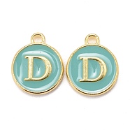 Golden Plated Alloy Enamel Charms, Cadmium Free & Lead Free, Enamelled Sequins, Flat Round with Letter, Turquoise, Letter.D, 14x12x2mm, Hole: 1.5mm(X-ENAM-S118-05D)