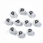 Acrylic Beads, with Enamel and Luminous, Horizontal Hole, Flat Round with Black Letter, Glow in the Dark, Light Grey, Letter.P, 7x3.5mm, Hole: 1.5mm, about 3600~3700pcs/500g(SACR-S273-29P)