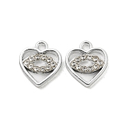 UV Plating Alloy Rhinestone Pendants, Heart with Horse Eye Charms, Platinum, 13x11.5x2mm, Hole: 1.6mm(PALLOY-D026-07P)