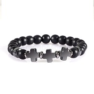 Round Frosted Natural Obsidian Beaded Stretch Bracelets, Cross Synthetic Non-magnetic Hematite Bracelets for Women Men(ED3000-1)