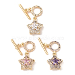 Golden Brass Micro Pave Clear Cubic Zirconia Toggle Clasps, with Glass, Star, Mixed Color, 25mm, Bar: 15x3mm, Hole: 1.2mm, Ring: 10.5x10x2mm, Hole: 1.2mm(KK-B100-040G)