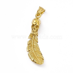 Ion Plating(IP) 304 Stainless Steel Manual Polishing Big Pendants, Skull with Feather Charm, Antique Golden, 50.5x14x10.5mm, Hole: 8.5x4.5mm(STAS-G267-03AG)