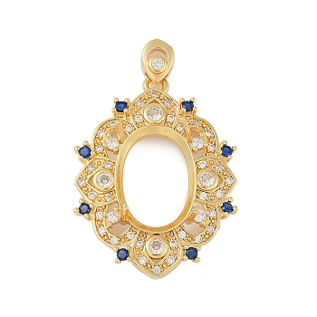 Flower Brass Micro Pave Cubic Zirconia Pendant Cabochon Settings, Real 18K Gold Plated, Tray: 15.5x10.5mm, 40x26x10mm, Hole: 4x2.5mm