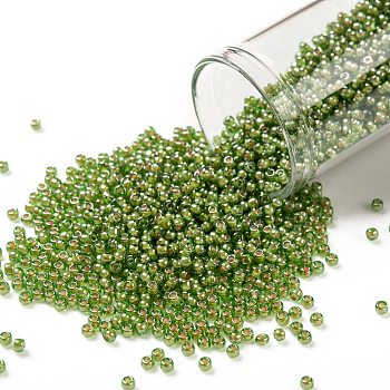 TOHO Round Seed Beads, Japanese Seed Beads, (1046) Inside Color Luster Peridot/Opaque White Lined, 11/0, 2.2mm, Hole: 0.8mm, about 5555pcs/50g