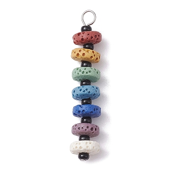 Chakra Natural Lava Rock Dyed Beaded Pendants, with Black Glass Seed Beads, Disc Charms, Platinum, 43x8mm, Hole: 2.5mm