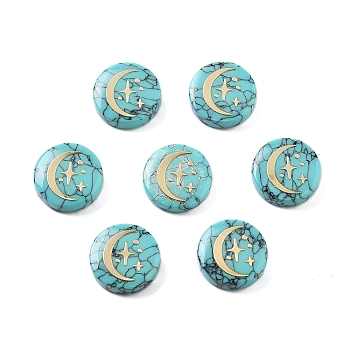 Synthetic Turquoise Beads, with Golden Tone Brass Slices, Flat Round, Moon, 15x4mm, Hole: 1mm