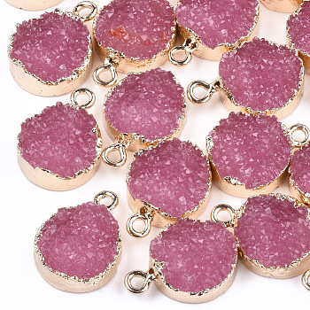 Electroplate Druzy Resin Pendants, with Iron Findings, Flat Round, Light Gold, Pale Violet Red, 17~18x13.5x6mm, Hole: 1mm