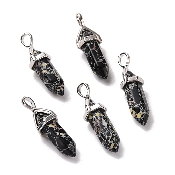 Synthetic Black Imperial Jasper Pendants, Faceted, with Platinum Tone Brass Findings, Lead free & Cadmium Free, Bullet, 27~30x9~10x7~8mm, Hole: 4x3mm