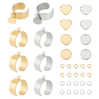 DIY Charm Cuff Ring Making Kit, Including 304 Stainless Steel Loop Ring Base & Pendants, Flat Round & Heart, Golden & Stainless Steel Color, 36Pcs/box