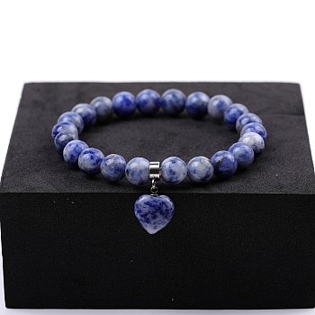 Natural Blue Spot Jasper Beaded Stretch Bracelets, with Heart Charms, 7-1/4~7-1/2 inch(18.5~19cm)
