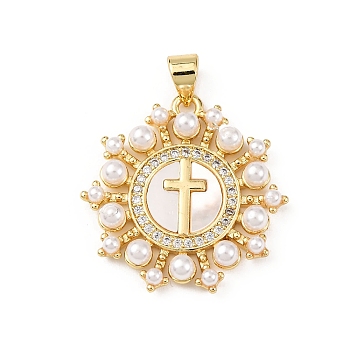 Brass Micro Pave Cubic Zirconia Pendants, Cross, with Natural Shell & ABS Imitation Pearl, Rack Plating, Long-Lasting Plated, Lead Free & Cadmium Free, Real 18K Gold Plated, 24x23.5x3.5mm, Hole: 4x3.5mm